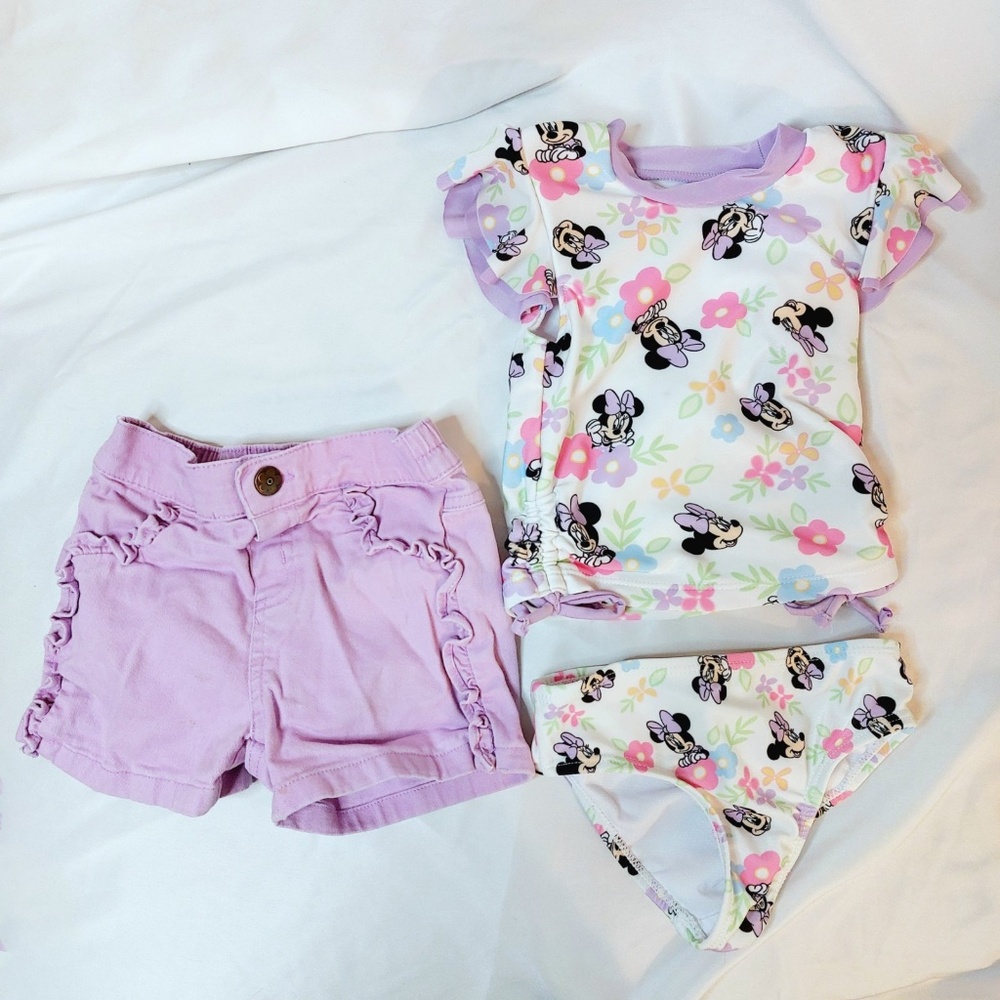 Disney Jr Minnie Mouse 2-pc Swimsuit & Purple Garnimals Shorts Set 12 M PreOwned